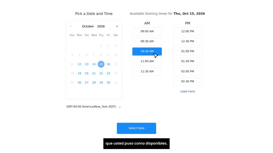 Primero elige el día, y luego la hora. Solo salen las horas que usted puso como disponibles.