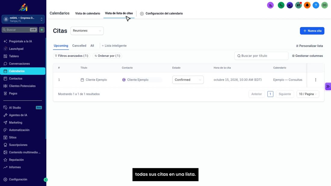 En «Calendarios», pulse «Vista de lista de citas». Aquí están todas sus citas en una lista.
