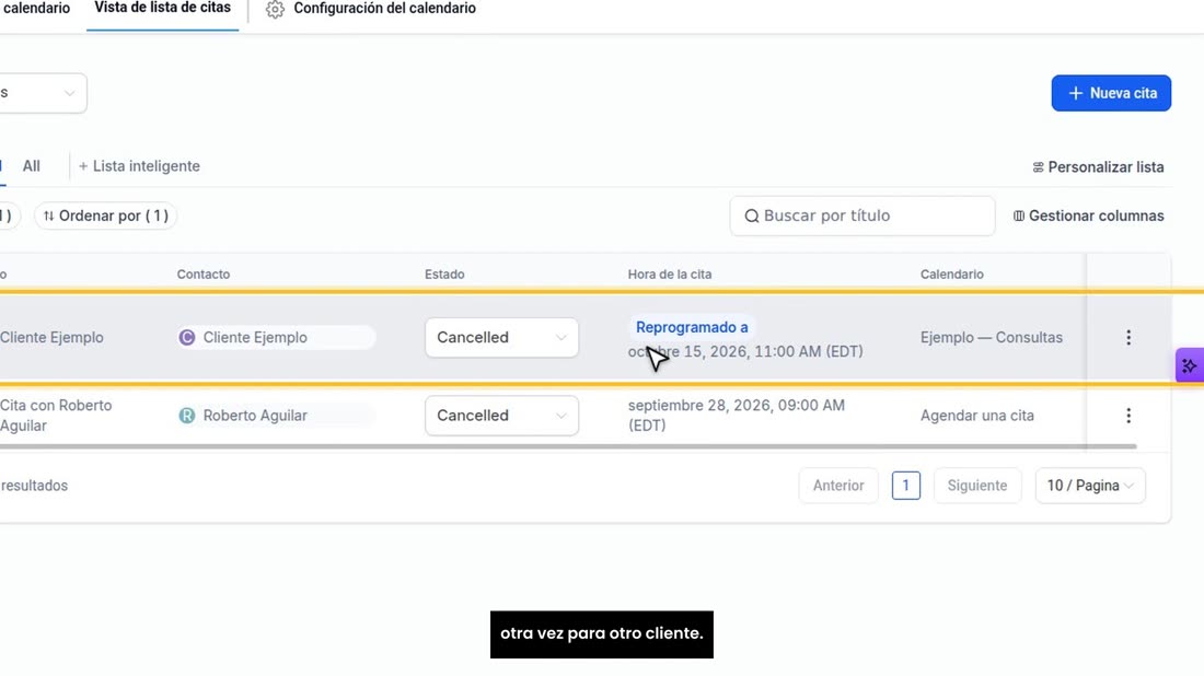 La cita pasa a la pestaña «Cancelled», y esa hora queda libre otra vez para otro cliente.