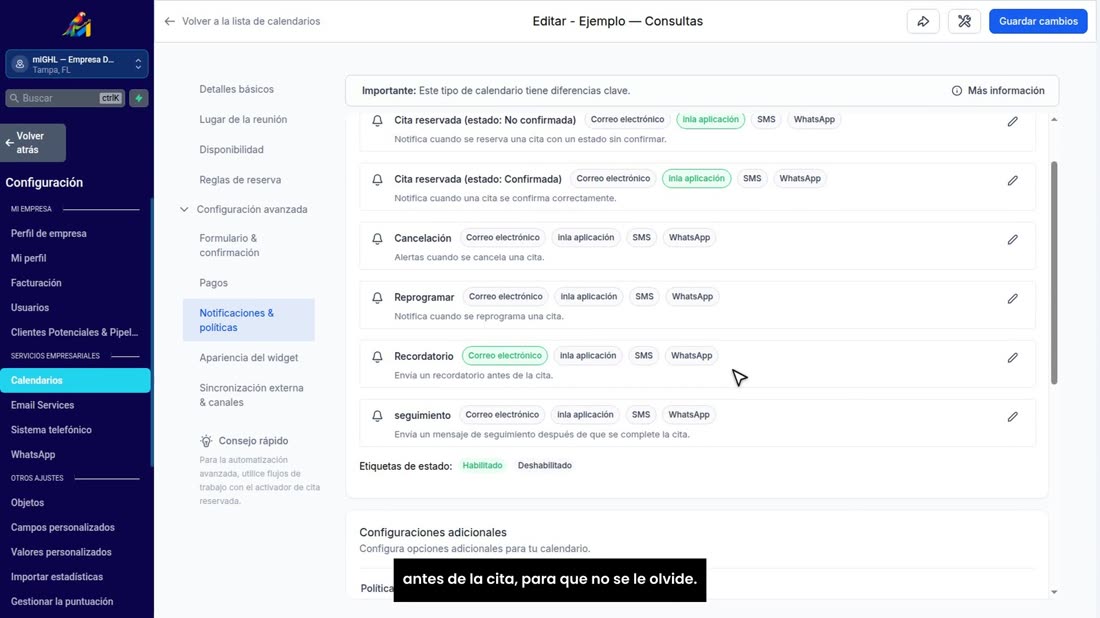 Aquí está «Recordatorio»: un mensaje que le llega a su cliente antes de la cita, para que no se le olvide.