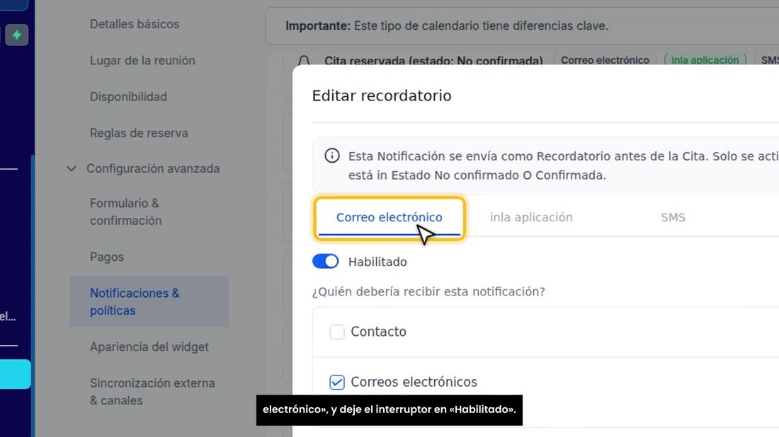 Pulse el lápiz. Elija por dónde enviarlo, por ejemplo «Correo electrónico», y deje el interruptor en «Habilitado».