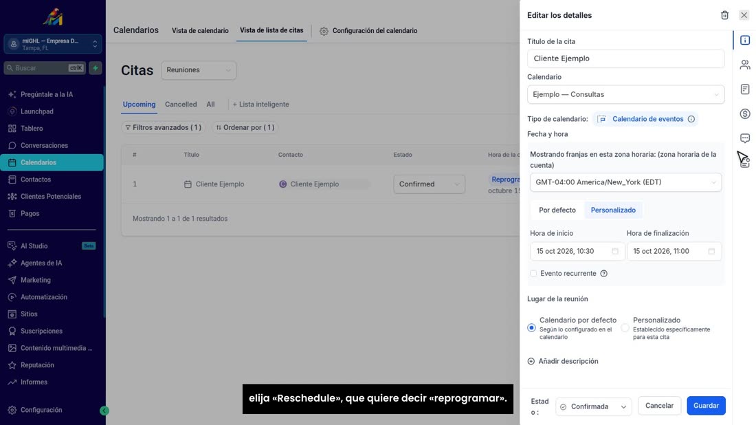 Para mover una cita, pulse los tres puntos de la derecha y elija «Reschedule», que quiere decir «reprogramar».