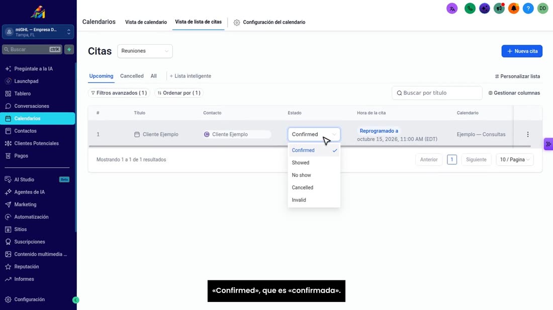 Para cancelar una cita, pulse donde dice el estado, «Confirmed», que es «confirmada».