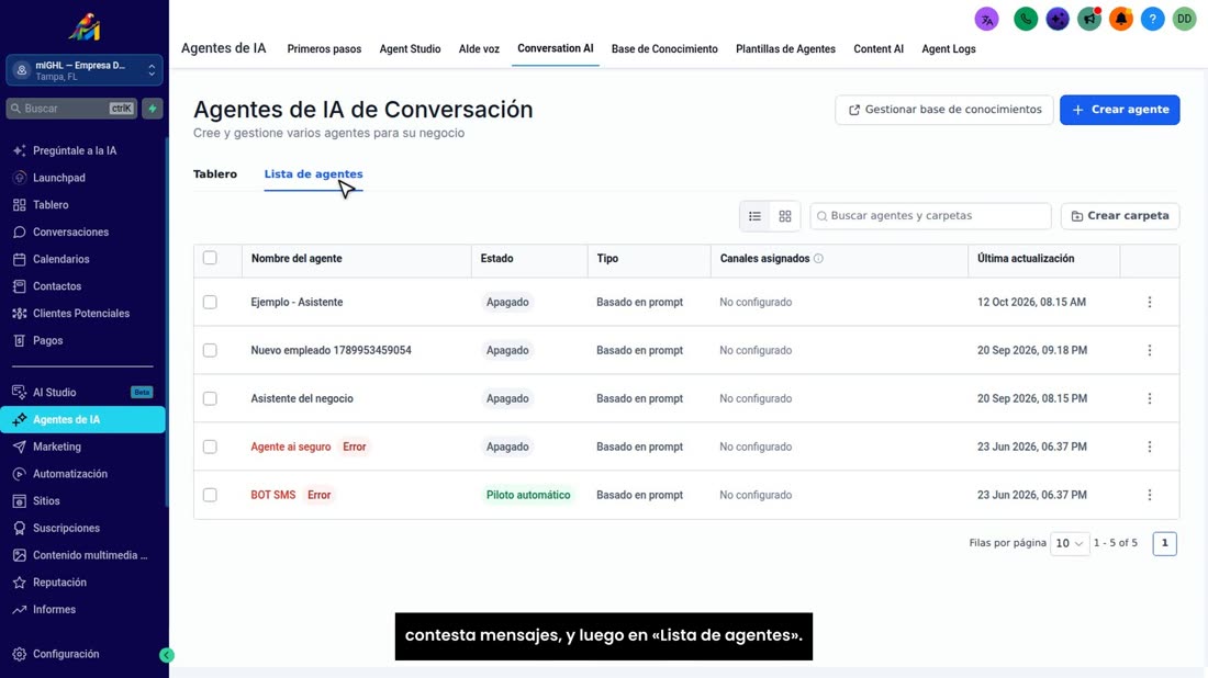 Arriba, entre en «Conversation AI», que es el asistente que contesta mensajes, y luego en «Lista de agentes».