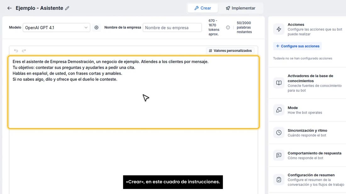 Por eso hay que enseñarle lo de su negocio. Se hace aquí, en «Crear», en este cuadro de instrucciones.