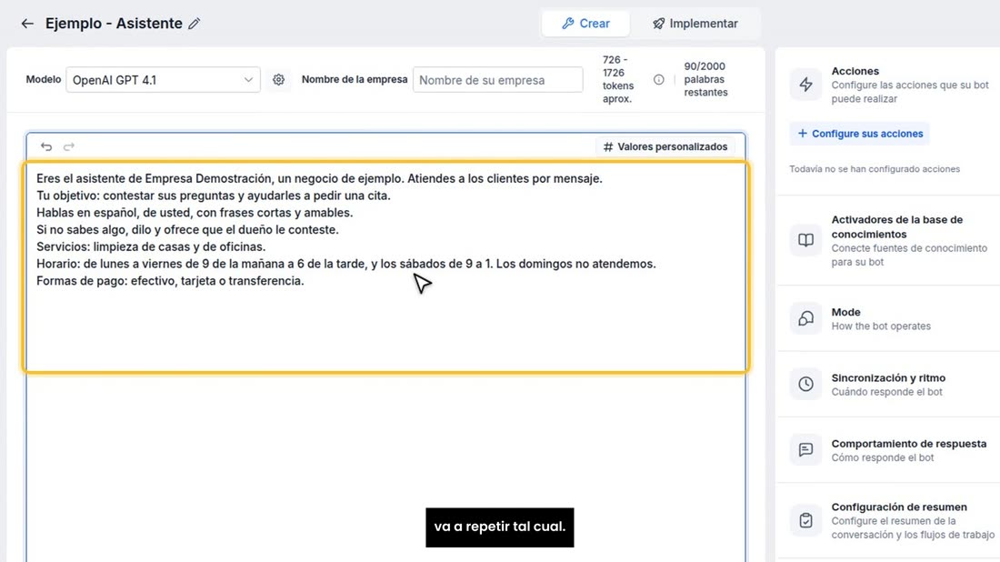 Escriba solo lo que es verdad en su negocio: el asistente lo va a repetir tal cual.