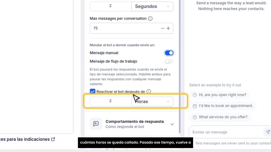 Al encenderlo aparece «Reactivar el bot después de»: elija cuántas horas se queda callado. Pasado ese tiempo, vuelve a c