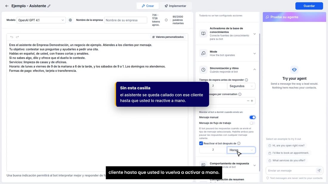 Si quita esta casilla, el asistente se queda callado con ese cliente hasta que usted lo vuelva a activar a mano.