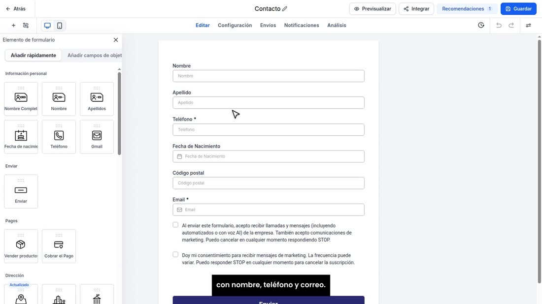 Con miGHL esto ya le viene listo: el formulario «Contacto», con nombre, teléfono y correo.