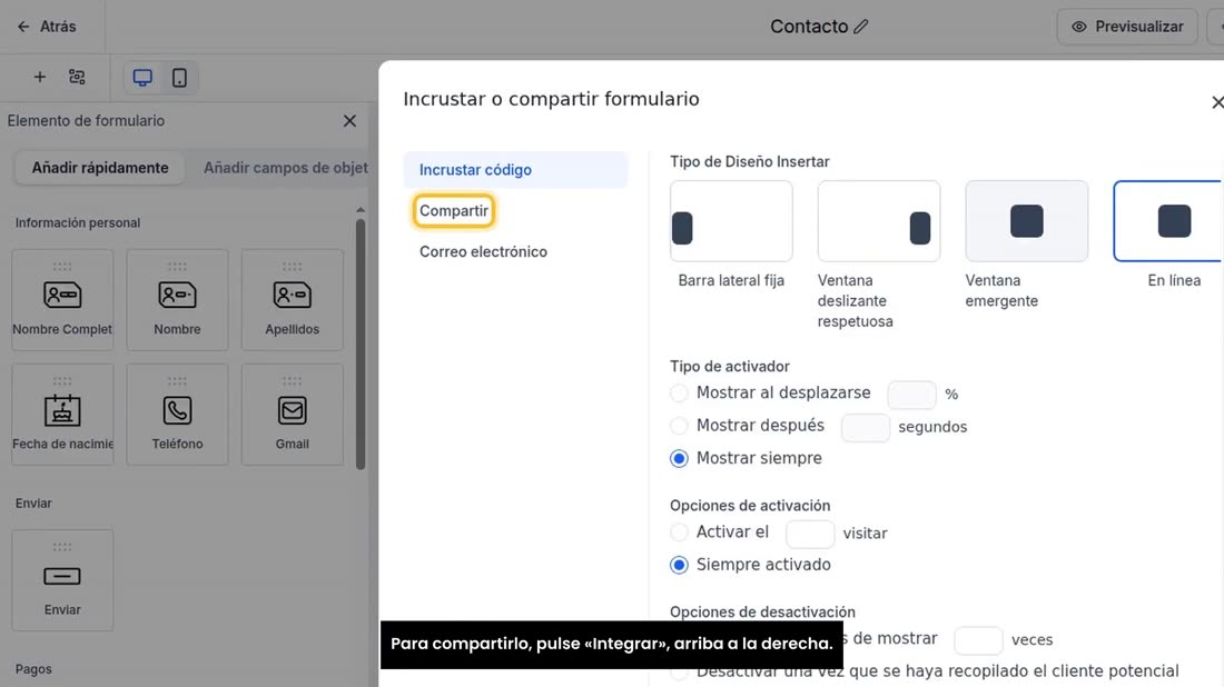 Para compartirlo, pulse «Integrar», arriba a la derecha.