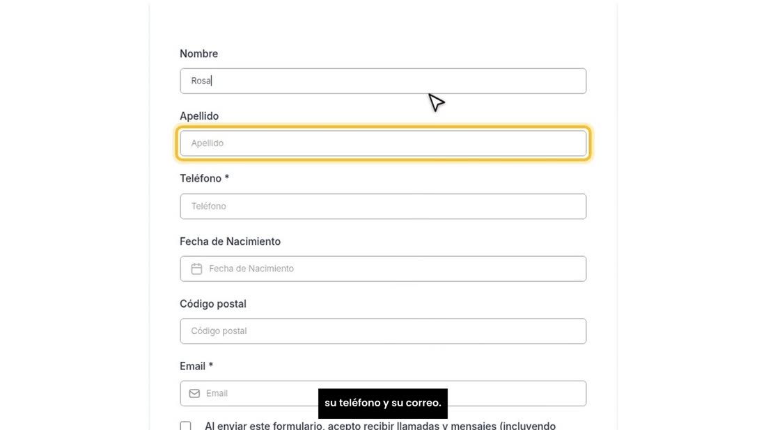 Así lo ve su cliente cuando abre el enlace. Escribe su nombre, su teléfono y su correo.