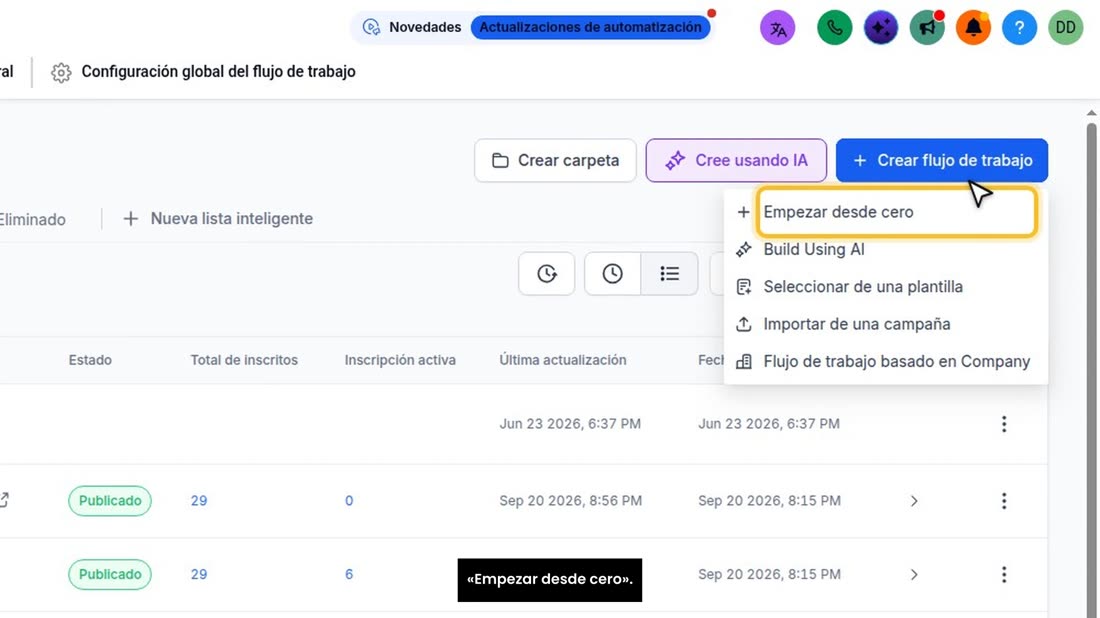 Entre en «Automatización», pulse «Crear flujo de trabajo» y «Empezar desde cero».