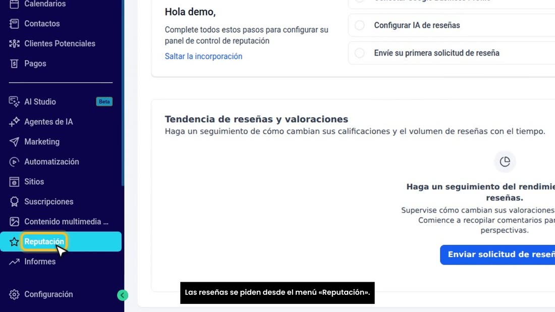 Las reseñas se piden desde el menú «Reputación».