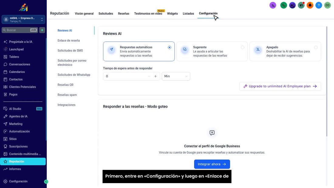 Primero, entre en «Configuración» y luego en «Enlace de reseña».