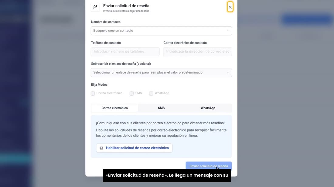Marque por dónde se la manda: correo, SMS o WhatsApp. Y pulse «Enviar solicitud de reseña». Le llega un mensaje con su e
