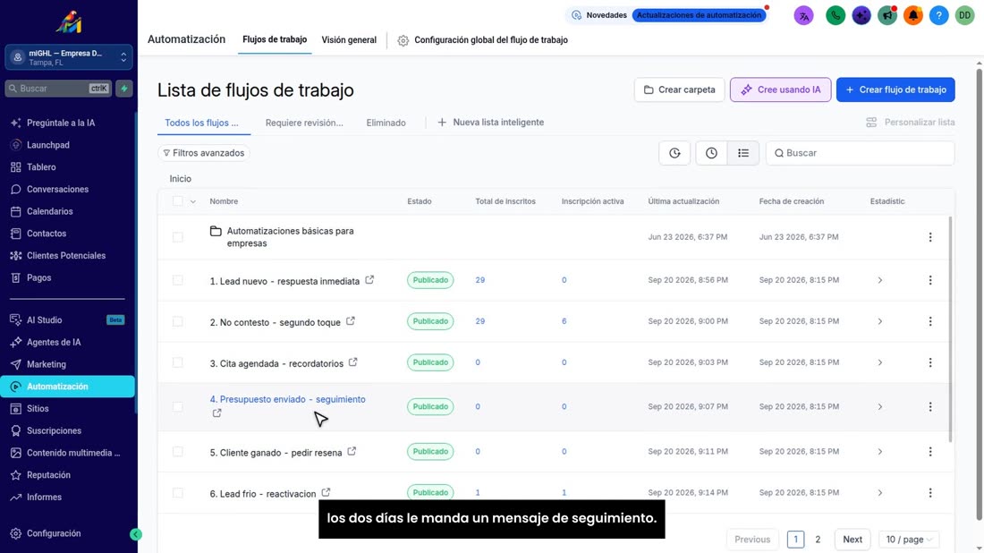 «Presupuesto enviado»: cuando usted le pone esa etiqueta, a los dos días le manda un mensaje de seguimiento.