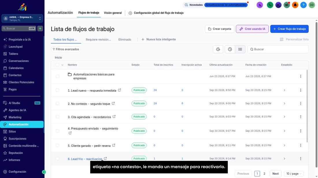 Y «Lead frío, reactivación»: treinta días después de la etiqueta «no contesta», le manda un mensaje para reactivarlo.