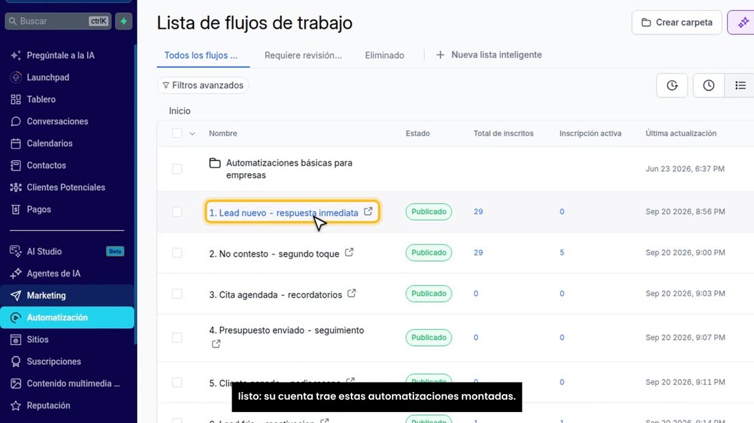 Están en el menú «Automatización». Con miGHL esto ya le viene listo: su cuenta trae estas automatizaciones montadas.