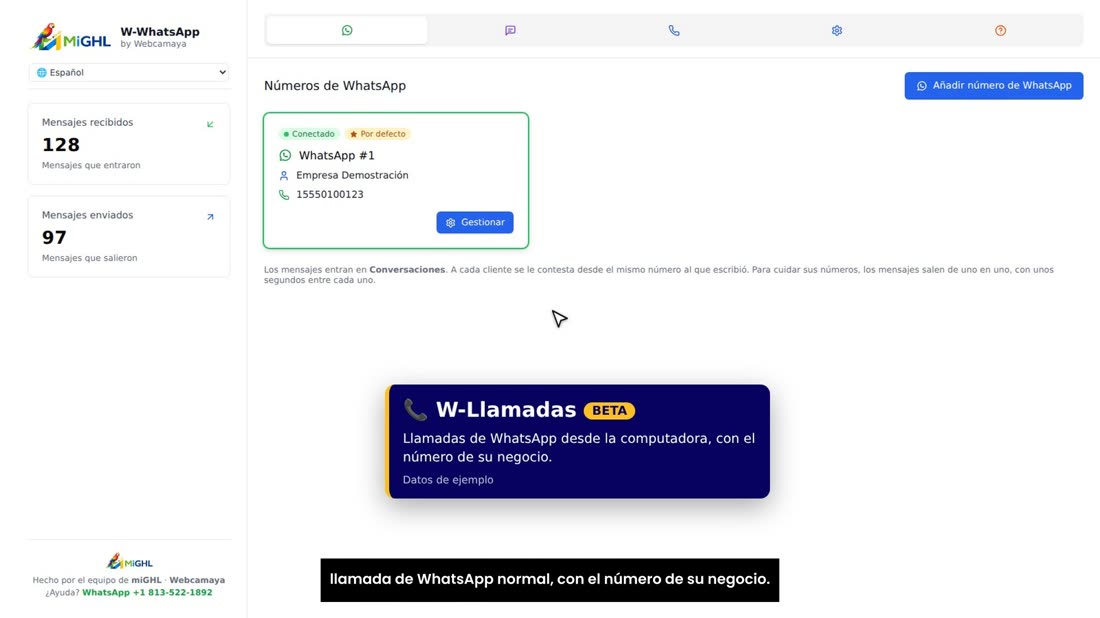 Usted habla por el micrófono, y a su cliente le llega una llamada de WhatsApp normal, con el número de su negocio.