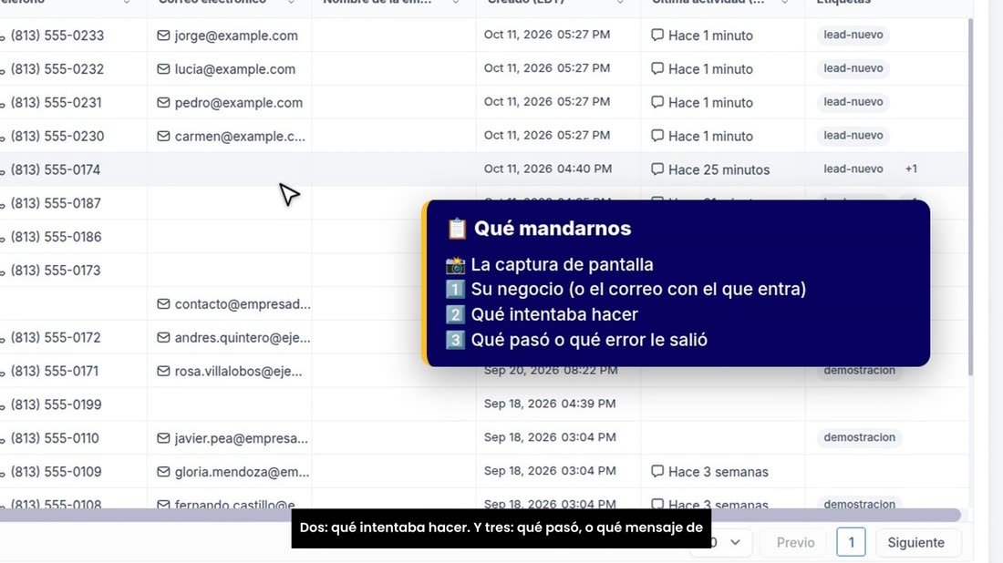 Uno: el nombre de su negocio, o el correo con el que entra. Dos: qué intentaba hacer. Y tres: qué pasó, o qué mensaje de