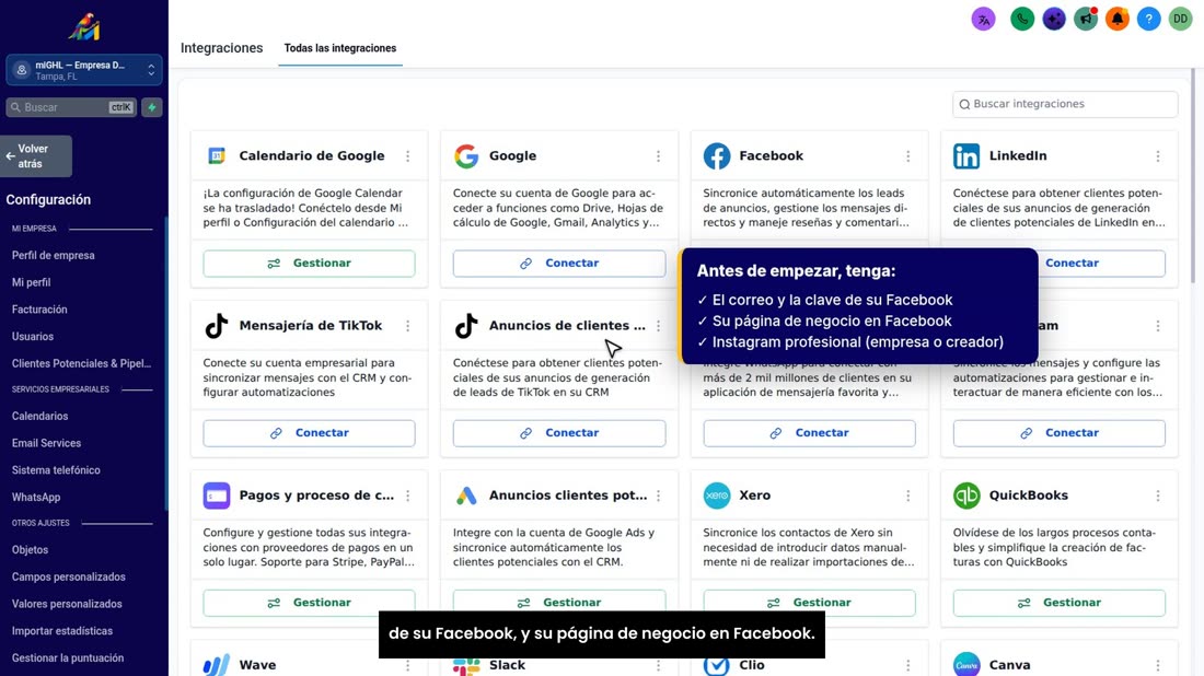 Antes de empezar, tenga a mano dos cosas: el correo y la clave de su Facebook, y su página de negocio en Facebook.