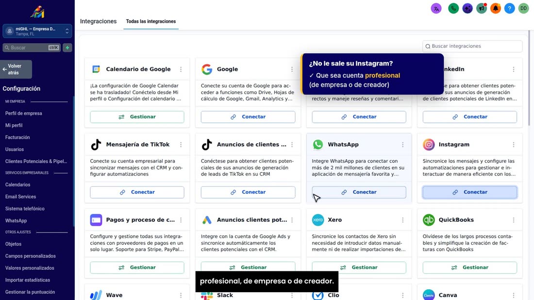 Si su Instagram no le aparece, revise que sea una cuenta profesional, de empresa o de creador.