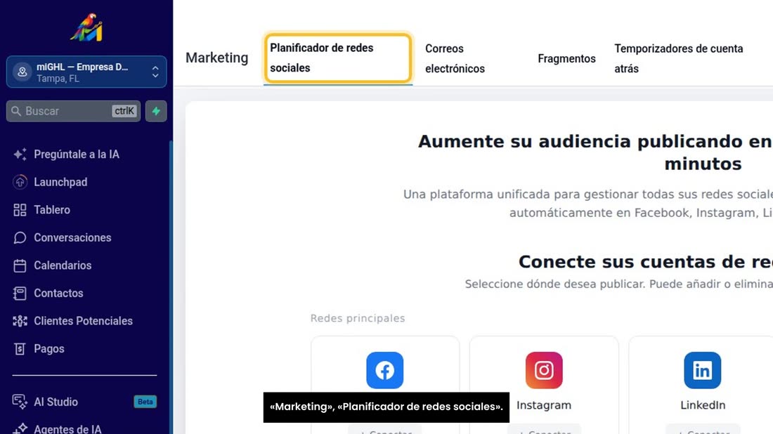 Para publicar en sus redes desde GoHighLevel, vaya a «Marketing», «Planificador de redes sociales».