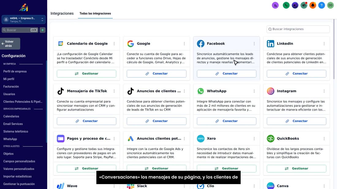 Esta es la tarjeta de Facebook. Con ella le llegan a «Conversaciones» los mensajes de su página, y los clientes de sus a