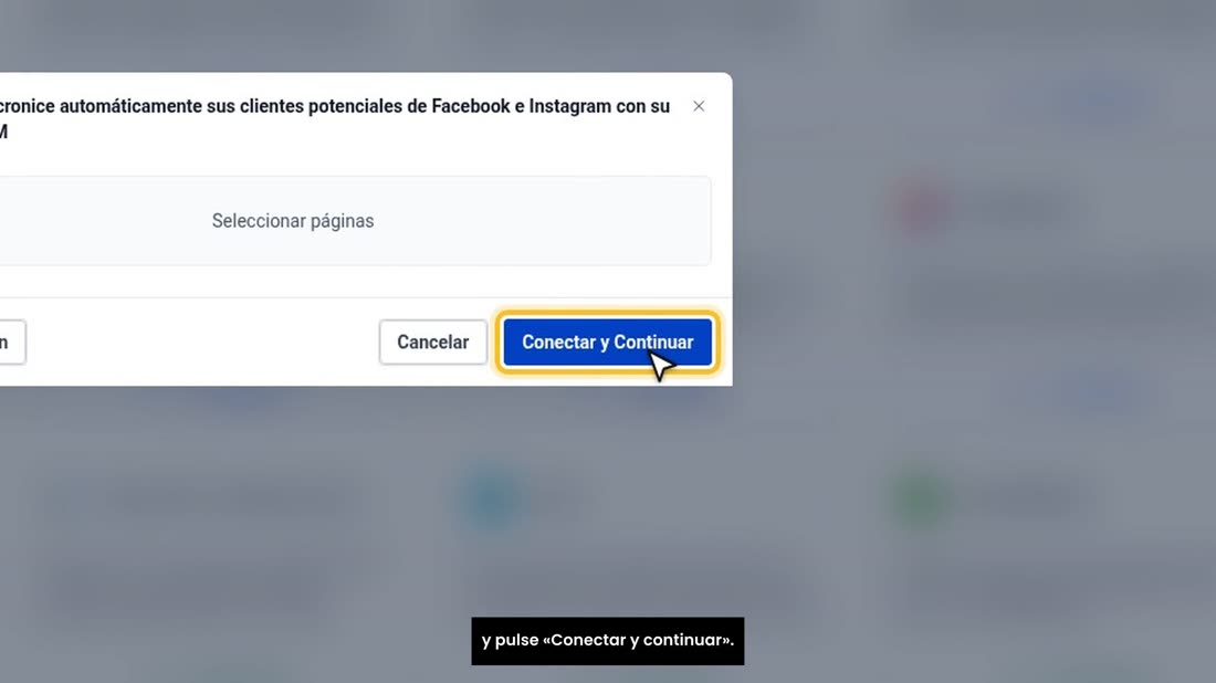 Después, en «Seleccionar páginas», elija su página de negocio, y pulse «Conectar y continuar».