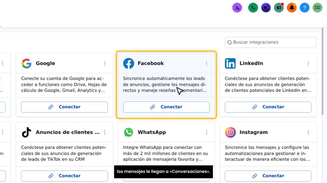 Al terminar, la tarjeta de Facebook ya le sale conectada, y los mensajes le llegan a «Conversaciones».
