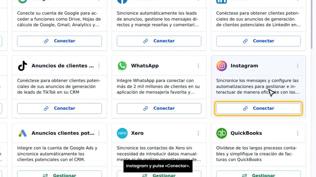 Para los mensajes directos de Instagram, busque la tarjeta de Instagram y pulse «Conectar».