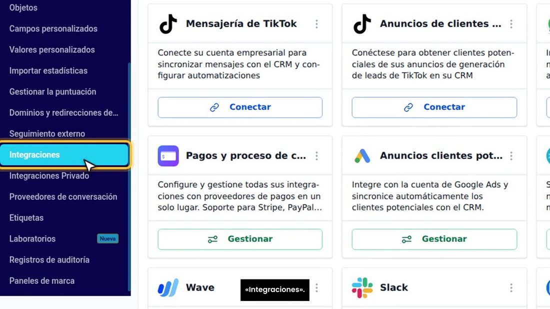 Su perfil de empresa de Google se conecta en «Configuración», «Integraciones».