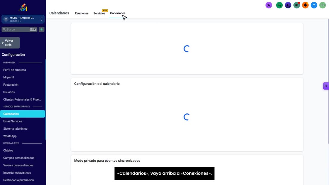 Ahora, su calendario de Google. En «Configuración», «Calendarios», vaya arriba a «Conexiones».