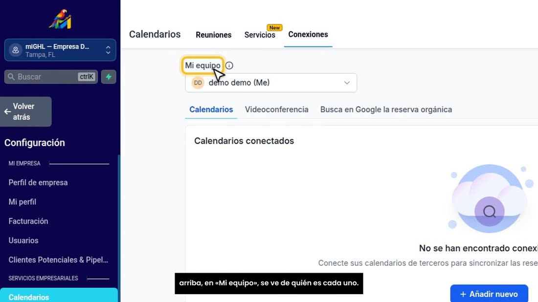 Cada persona de su equipo conecta su propio calendario. Aquí arriba, en «Mi equipo», se ve de quién es cada uno.