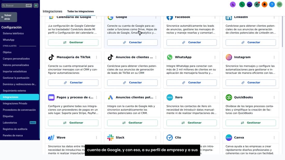 Busque la tarjeta de Google. Con ella, GoHighLevel se une a su cuenta de Google, y con eso, a su perfil de empresa y a s