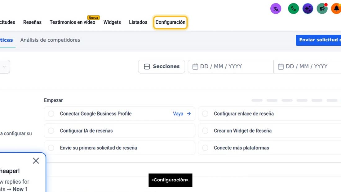 Sus reseñas de Google se ven en «Reputación». Arriba, entre a «Configuración».