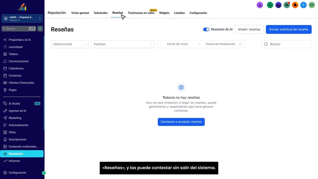 Ya conectado, sus reseñas de Google le llegan aquí, a «Reseñas», y las puede contestar sin salir del sistema.