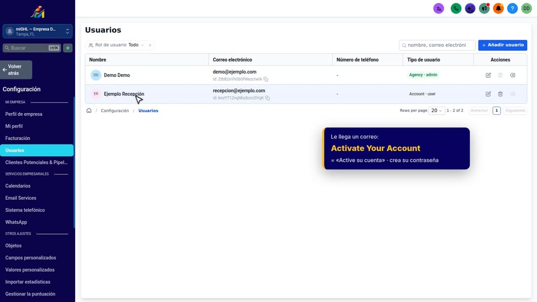 A esa persona le llega un correo en inglés, «Activate Your Account», para crear su contraseña y entrar. Se lo enseñamos 