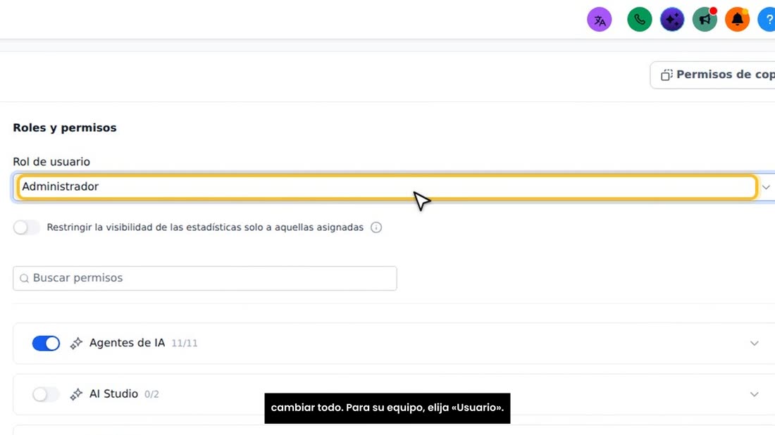 Ahora, el «Rol de usuario». «Administrador» lo puede ver y cambiar todo. Para su equipo, elija «Usuario».