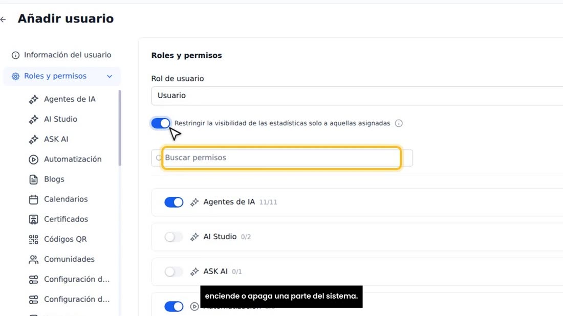 Abajo están los permisos, por partes: cada interruptor enciende o apaga una parte del sistema.