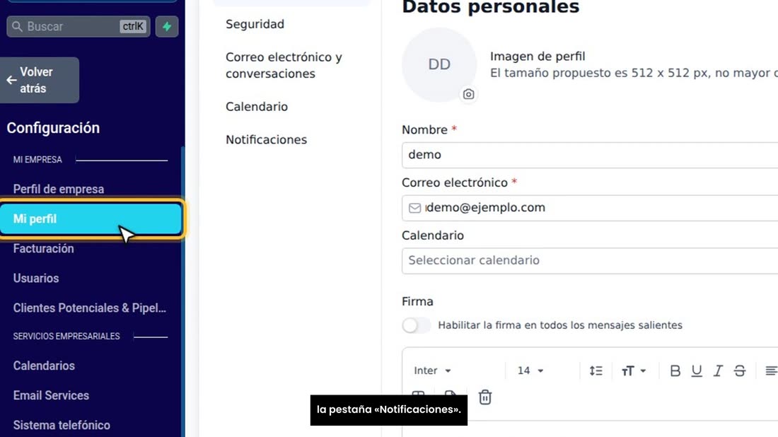 Sus avisos se configuran en «Configuración», «Mi perfil», en la pestaña «Notificaciones».