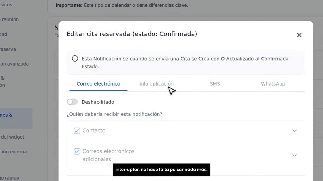 En la pestaña «En la aplicación», el aviso le sale en la computadora y en el celular. Se guarda solo al tocar el interru