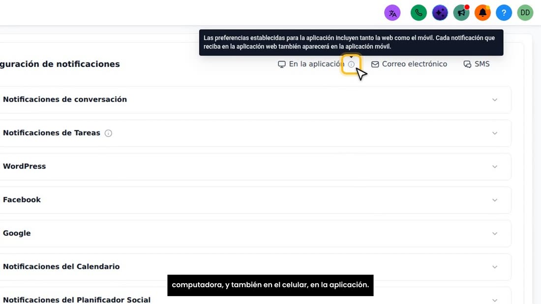 Arriba hay tres columnas. «En la aplicación» le avisa en la computadora, y también en el celular, en la aplicación.