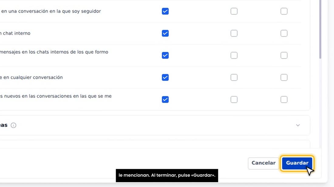 Las demás líneas son para cuando le asignan una conversación o le mencionan. Al terminar, pulse «Guardar».