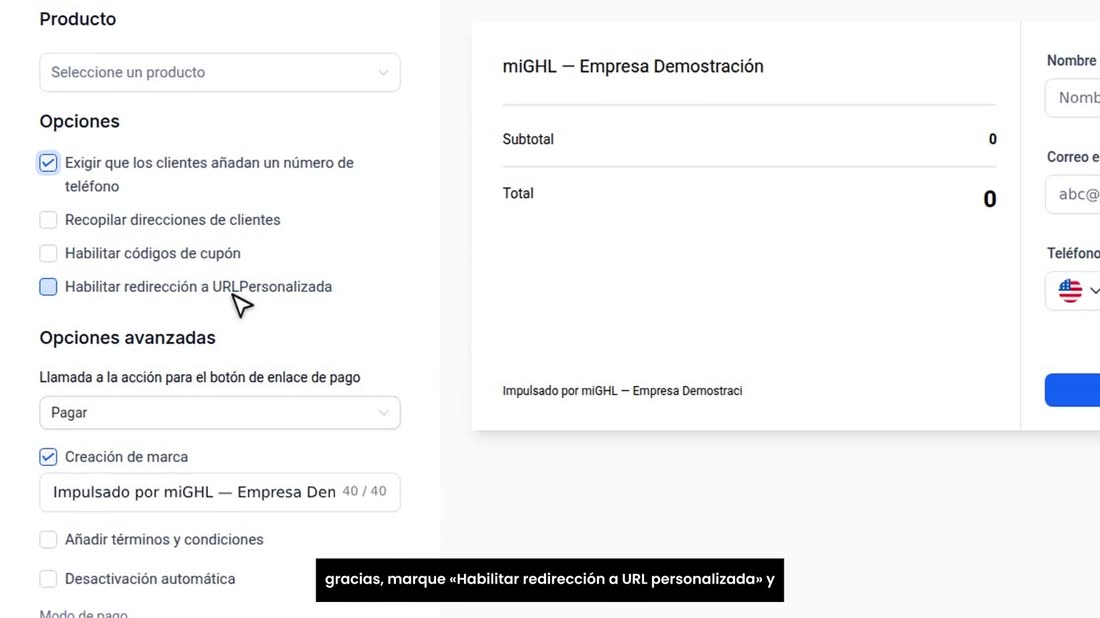 Si quiere que, al pagar, su cliente vaya a una página suya de gracias, marque «Habilitar redirección a URL personalizada