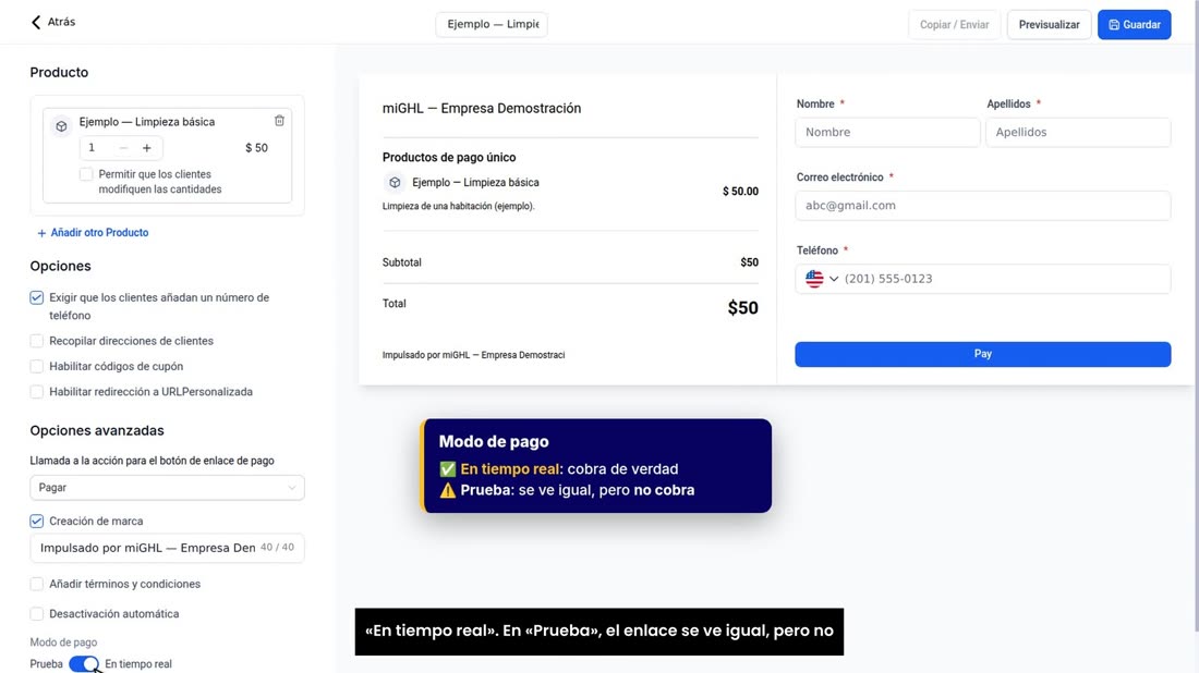 Muy importante: abajo, en «Modo de pago», compruebe que dice «En tiempo real». En «Prueba», el enlace se ve igual, pero 
