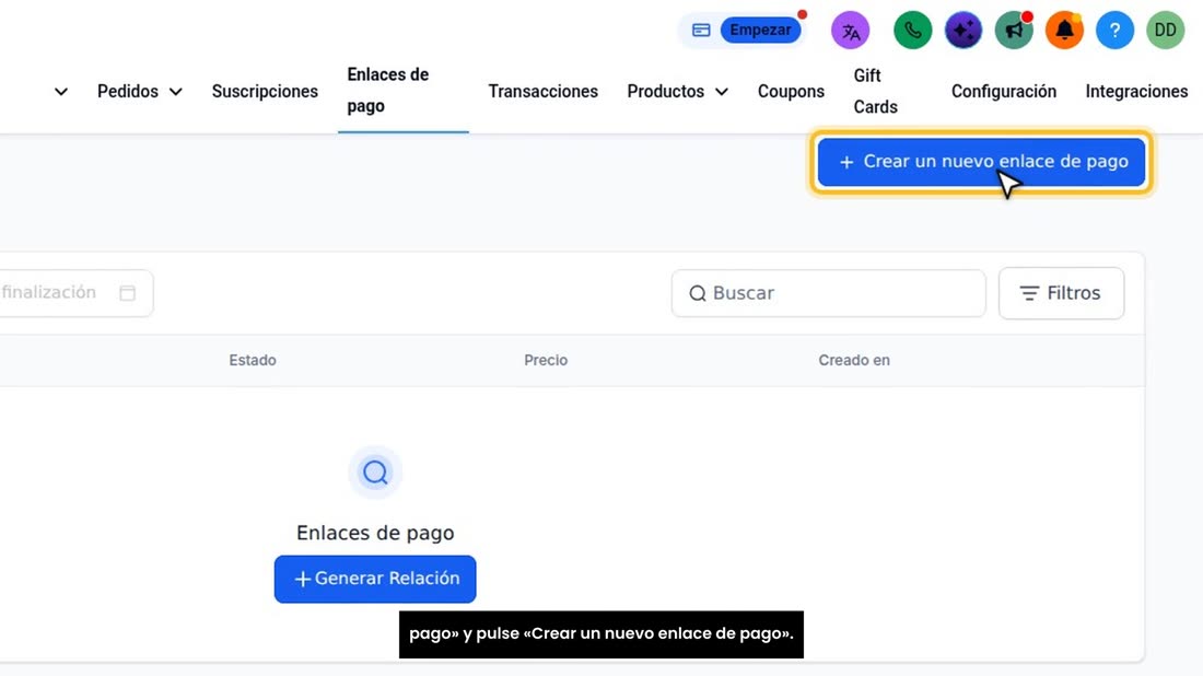Ahora, el enlace para cobrarlo. En «Pagos», vaya a «Enlaces de pago» y pulse «Crear un nuevo enlace de pago».