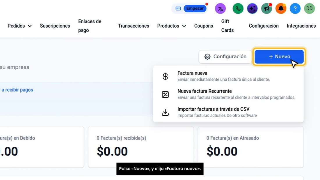 Pulse «Nuevo», y elija «Factura nueva».