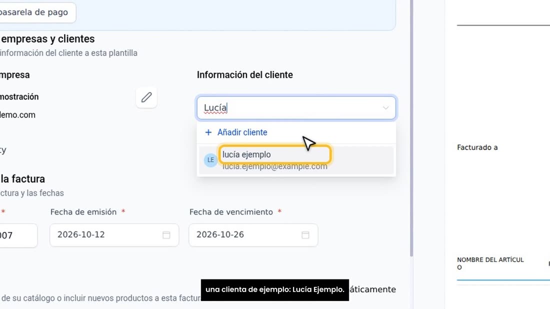 En «Información del cliente», búsquelo por su nombre. Aquí uso una clienta de ejemplo: Lucía Ejemplo.