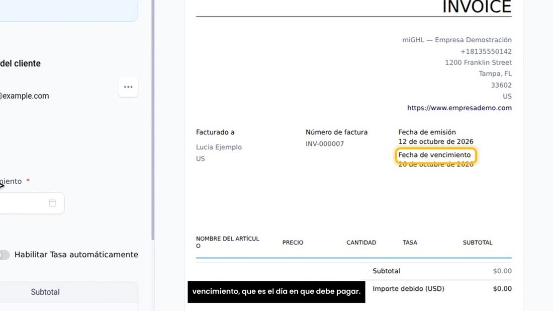 Revise el número de factura, la fecha de emisión y la de vencimiento, que es el día en que debe pagar.